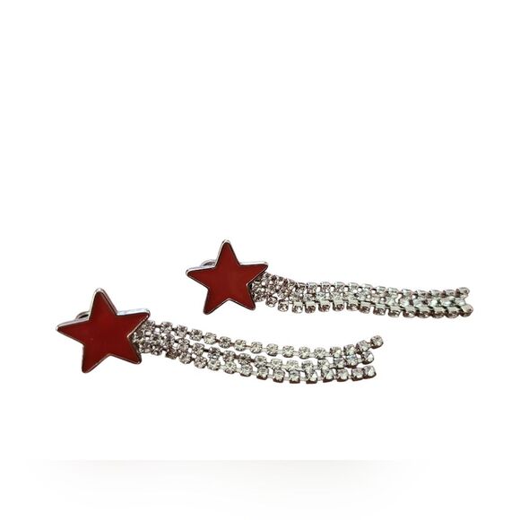 Red Star Rhinestone Silver Toned Dangle Earrings Vintage 90s Patriotic   J2-X1 - Picture 4 of 4